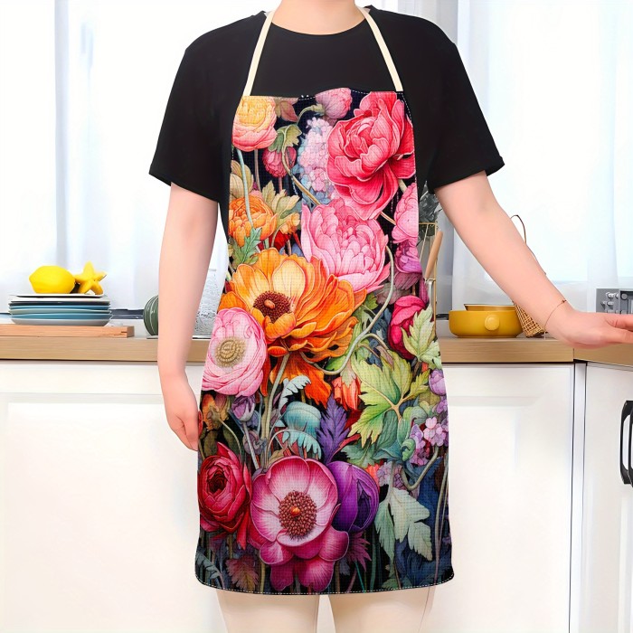 1pc Unique Floral Print Linen Apron - Stylish & Durable for Cooking, Parties, and Kitchen Use - Oil & Stain Resistant, Perfect for Men & Women