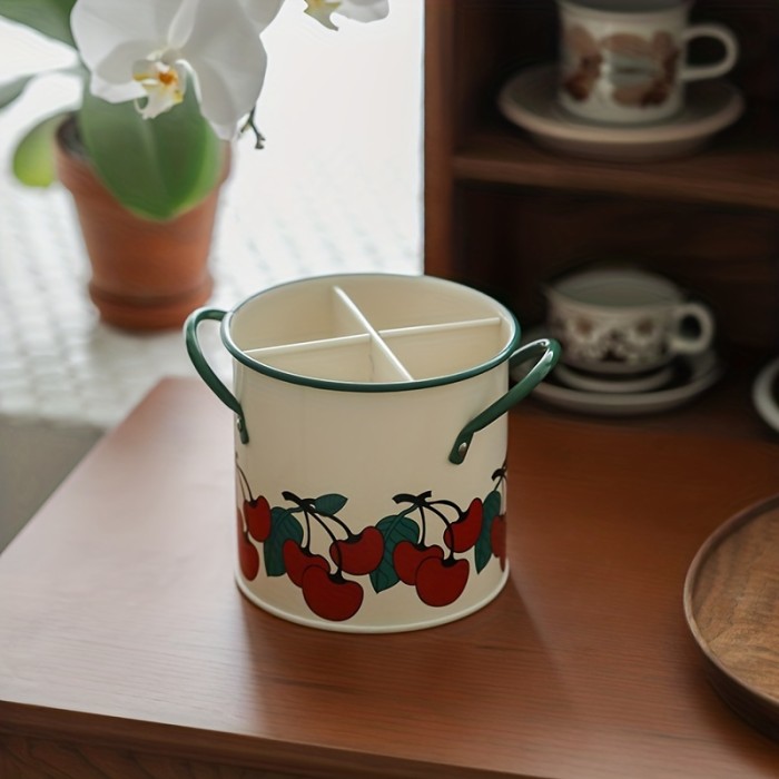1pc, Vintage Cherry Tableware Bucket, Household Kitchen Chopsticks Cage, Knife And Fork Storage Bucket, Creative Inner Divider Drain Basket Rack, Kitchen Tools, Kitchen Accessories