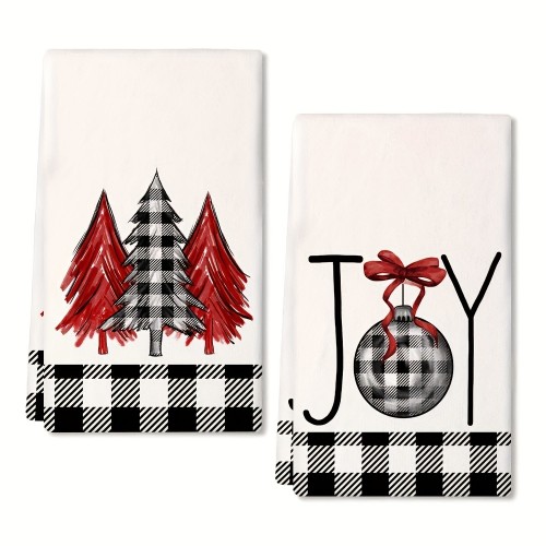2pcs, Christmas Hand Towels, Black And White Plaid Christmas Tree Kitchen Towel Dish Towe, Christmas Kitchen Decoration, Super Absorbent Dry Cloth Towels, New Home Bathroom Housewarming Gifts