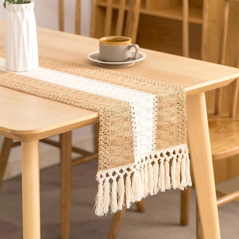 3PCS 72 Inches Woven Table Runner Long Farmhouse Style Table Runner with Hand-Macrame, Cotton Linen Striped Stitching Rustic Table Runner for Party Wedding Dining