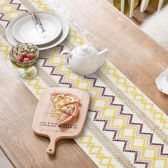 3PCS 72 Inches Woven Table Runner Long Farmhouse Style Table Runner with Hand-Macrame, Cotton Linen Striped Stitching Rustic Table Runner for Party Wedding Dining