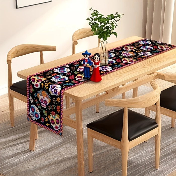 Day Of The Dead Table Runner Sugar Skull Dia De Los Muertos Mexican Festival Holiday Kitchen Dinning Room Home Decoration