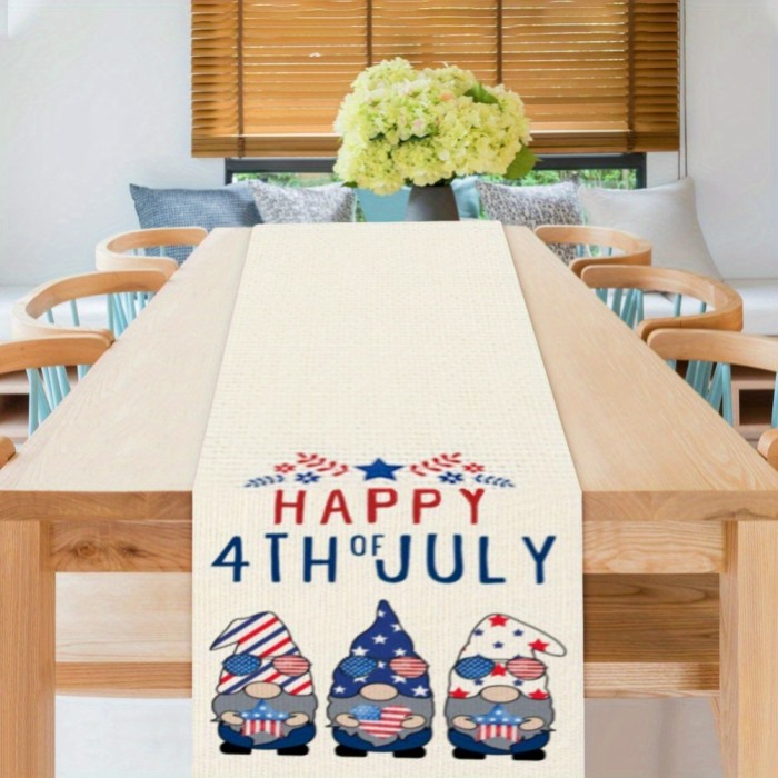 Linen Table Runner 72 Inches Long Cute Gnomes Printed Decor for July 4 Independence Day
