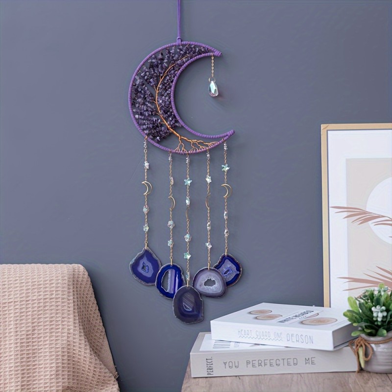 1pc Amethyst Crushed Stone Wrap Silk Tree Of Life Hanging, Crystal Agate Christmas Gift Home Decoration, Moon New Room Hanging, Modern Wall Decor, wall Art, Living Room Nursery Bedroom Decor