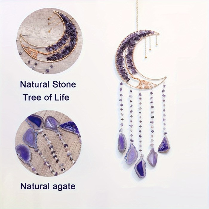 Agate Moon Tree Crystal Dream catcher, Tree of Life crystal pendant for bedroom and living room, kitchen and balcony garden decoration
