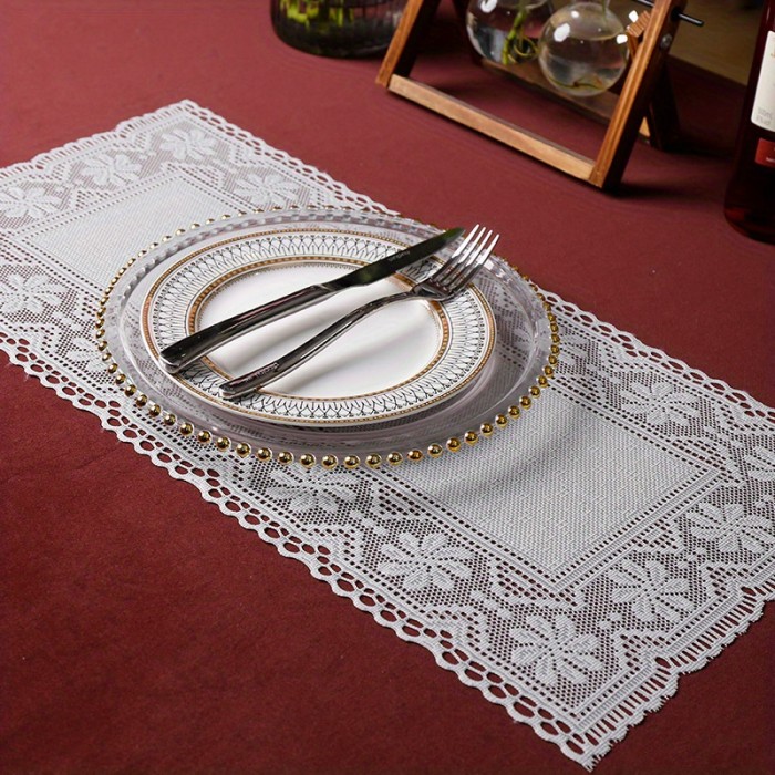4PCS, White Lace Hollow Placemat, Dining Table Mat, Modern Minimalist Fabric Tableware Mat, Holiday Party Halloween Christmas Placemat, 30*60cm