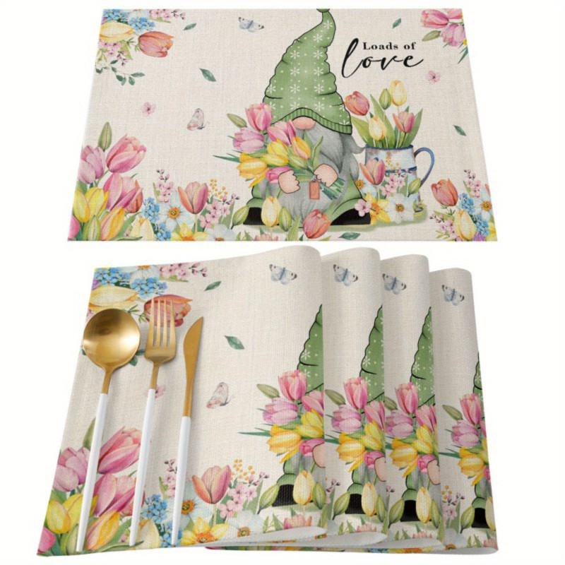 4pcs Easter Gnome Placemats Cotton Linen Mats for Farmhouse Kitchen Table