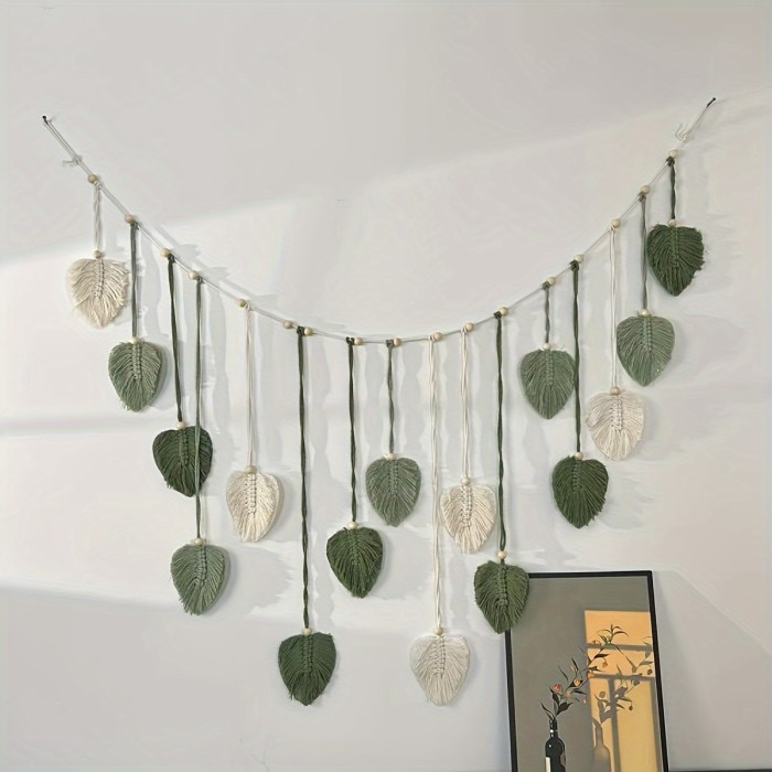 Nordic Jane's Bohemian Cotton Rope Handmade Weaving Wood Beads Leaves Photos Wall Hanging Decoration Tapestry Tassel Wall Hanging