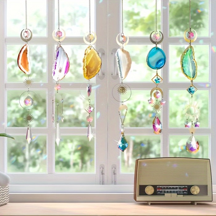 Sun Catcher Wind Chime Dream Catchers With Original Stone Crystal Prisms Agate Pieces For Indoor And Outdoor Car Hanging Pendant Home Garden Wedding Decoration, Home Decor, Garden Ornaments