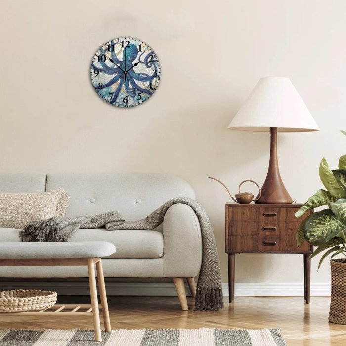 Wall Clock Battery Operated Non Ticking Ocean Beach Nautical Theme Underwater Octopus Rustic Wall Clocks Blue Texture Seascape Coastal Wall Decor For Restaurant Kitchen Garden, Unique Gift For Men, Women, Friend, Boss, Teacher, Home Or Office