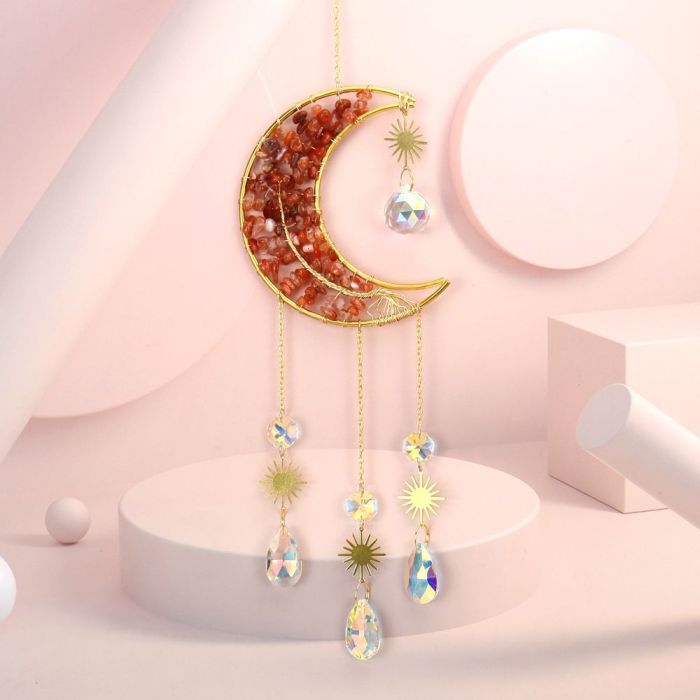 1PC hand-wound natural crystal gravel tree of Life Moon Sun catcher pendant wind chime decorative pendant