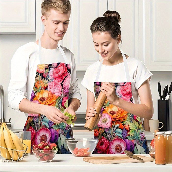 1pc Unique Floral Print Linen Apron - Stylish & Durable for Cooking, Parties, and Kitchen Use - Oil & Stain Resistant, Perfect for Men & Women
