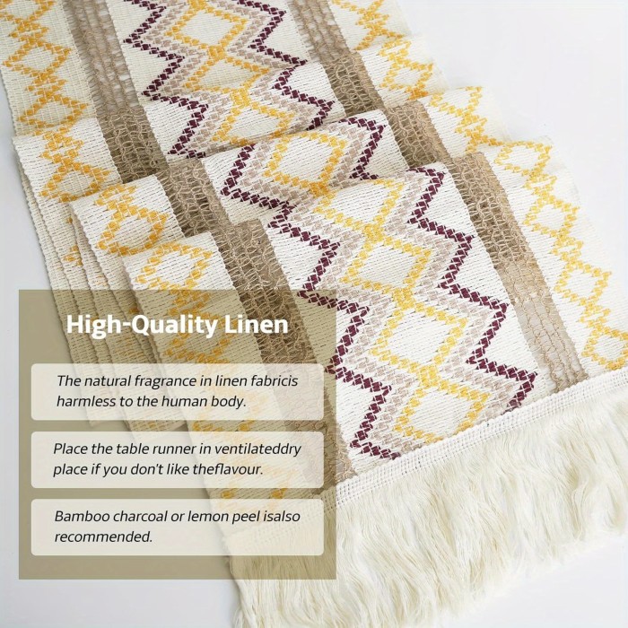 3PCS 72 Inches Woven Table Runner Long Farmhouse Style Table Runner with Hand-Macrame, Cotton Linen Striped Stitching Rustic Table Runner for Party Wedding Dining