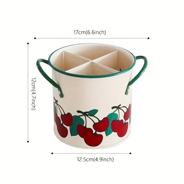 1pc, Vintage Cherry Tableware Bucket, Household Kitchen Chopsticks Cage, Knife And Fork Storage Bucket, Creative Inner Divider Drain Basket Rack, Kitchen Tools, Kitchen Accessories