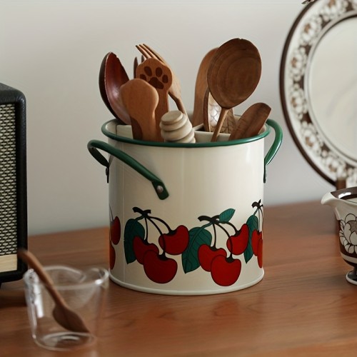 1pc, Vintage Cherry Tableware Bucket, Household Kitchen Chopsticks Cage, Knife And Fork Storage Bucket, Creative Inner Divider Drain Basket Rack, Kitchen Tools, Kitchen Accessories