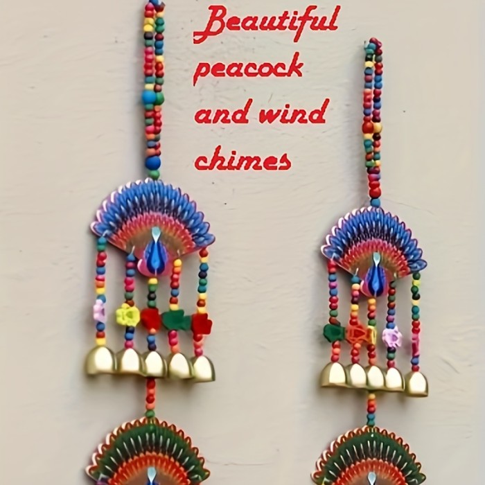 20 Long Bells Double-sided 4-layer Painted Wood BoardHandmade Decorative Ornaments Ethnic Style Painted Wood Board Peacock Bell Ornaments Home Interior Living Room Wall Decoration Pendants