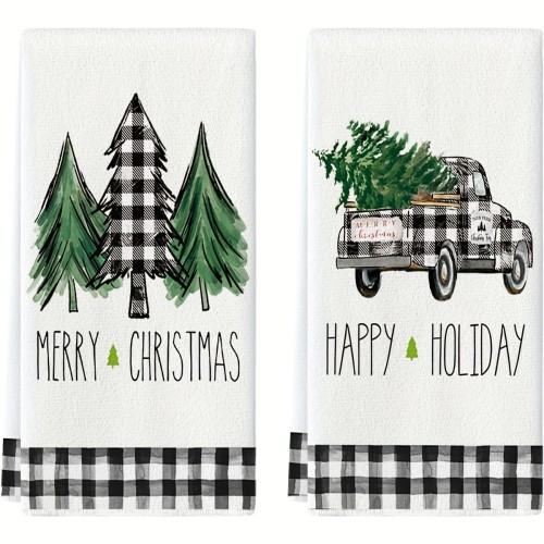 2\u002F4Pcs, Christmas Hand Towels, Truck Christmas Tree Plaid Printed Towel Dish Towel, Christmas Kitchen Decoration, Christmas Decor, Dining Table Decor, Kitchen Supplies, Home Decoration, New Home Bathroom Housewarming Gifts