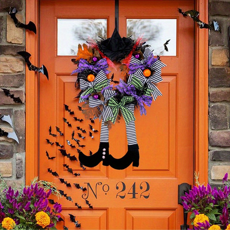 Halloween Wreath, Halloween Witch Decorations, Halloween Door Decor Garden Hanging Witch Garland Pendant with Witch Hat Legs for Front Door