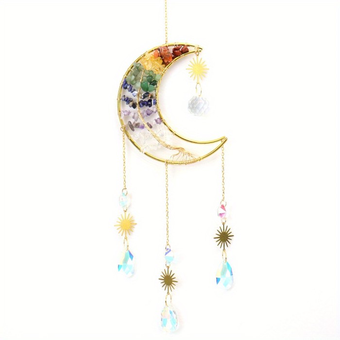 1PC hand-wound natural crystal gravel tree of Life Moon Sun catcher pendant wind chime decorative pendant