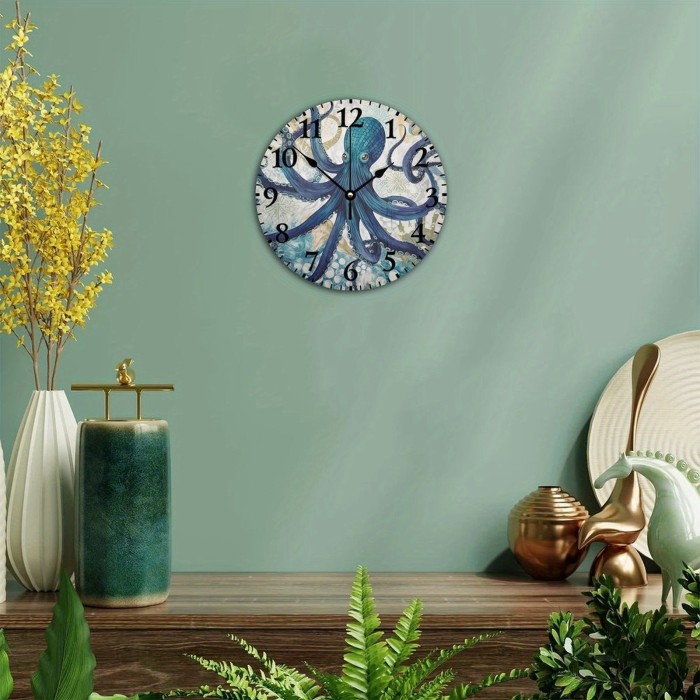 Wall Clock Battery Operated Non Ticking Ocean Beach Nautical Theme Underwater Octopus Rustic Wall Clocks Blue Texture Seascape Coastal Wall Decor For Restaurant Kitchen Garden, Unique Gift For Men, Women, Friend, Boss, Teacher, Home Or Office