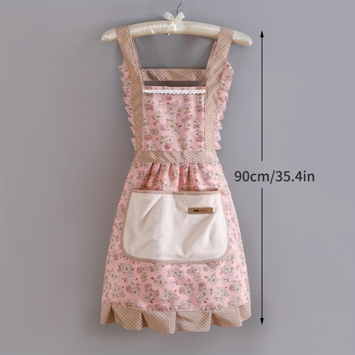 1pc, Cute Strap Canvas Apron, Breathable Floral Apron With Hood, Waterproof And Oil-resistant Breathable Workwear Waist Apron, Restaurant Waiter Work Clothes, Stain Resistant Restaurant Chef Apron Overalls, Kitchen Supplies