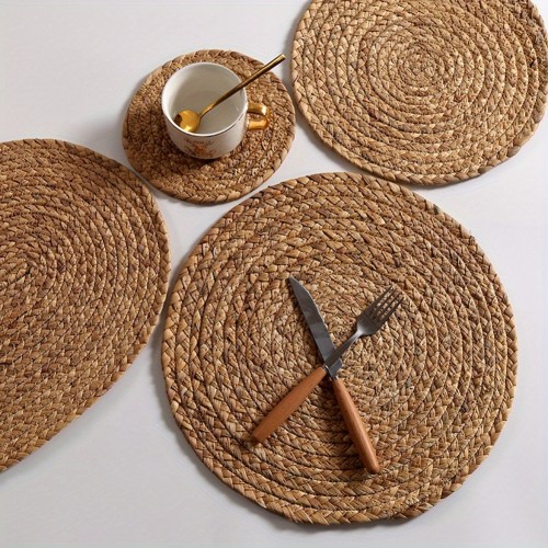 4Pcs Round Woven Placemats For Dining Table, Water Hyacinth Straw Braided Placemat, Heat Resistant Non-Slip Weave Placemats Handmade
