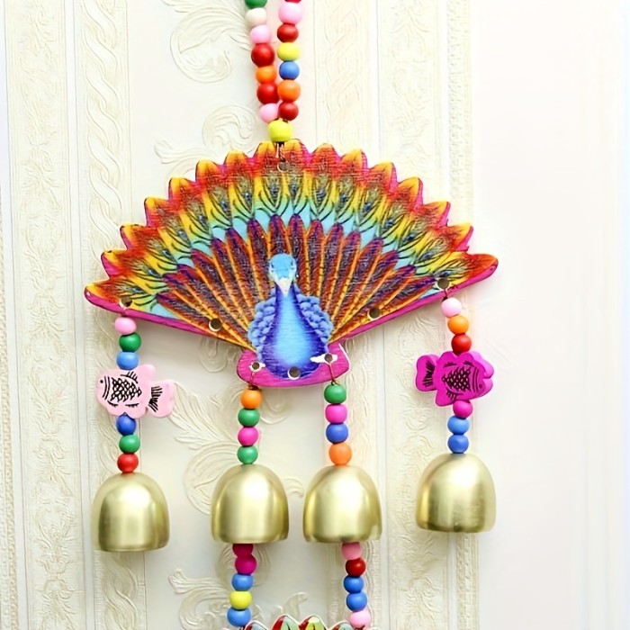 20 Long Bells Double-sided 4-layer Painted Wood BoardHandmade Decorative Ornaments Ethnic Style Painted Wood Board Peacock Bell Ornaments Home Interior Living Room Wall Decoration Pendants
