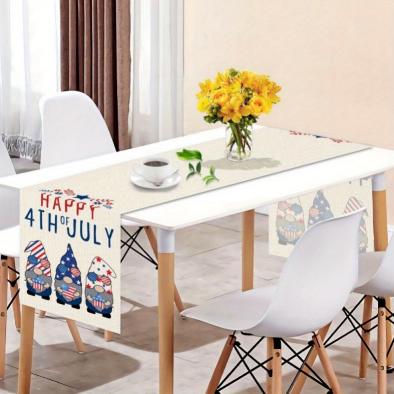 Linen Table Runner 72 Inches Long Cute Gnomes Printed Decor for July 4 Independence Day