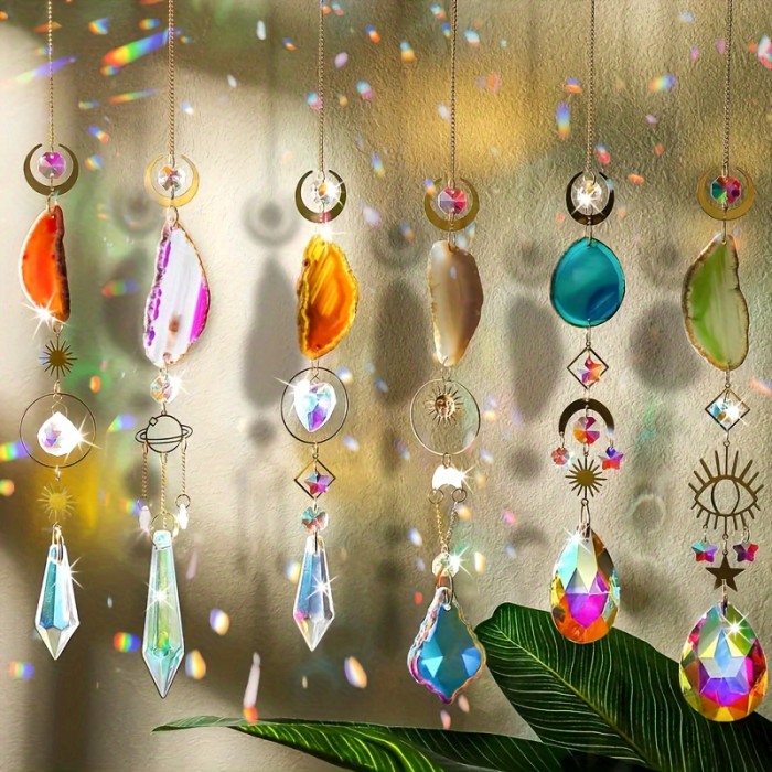 Sun Catcher Wind Chime Dream Catchers With Original Stone Crystal Prisms Agate Pieces For Indoor And Outdoor Car Hanging Pendant Home Garden Wedding Decoration, Home Decor, Garden Ornaments