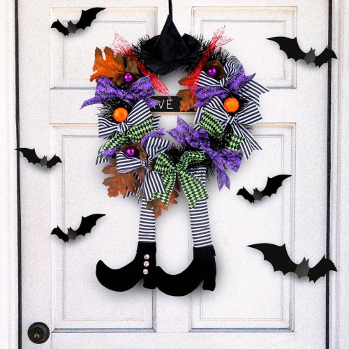 Halloween Wreath, Halloween Witch Decorations, Halloween Door Decor Garden Hanging Witch Garland Pendant with Witch Hat Legs for Front Door