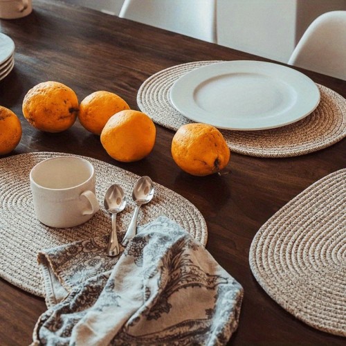 11.81×15.75in Premium Round Woven Rattan Braided Placemats - Handcrafted, Dining and Restaurant Table Decoration - Easy-to-Clean Table Mats for Elegant Dining Decor and Everyday Use - Protect Your Table from Spills and Scratches