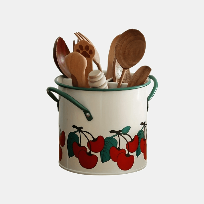 1pc, Vintage Cherry Tableware Bucket, Household Kitchen Chopsticks Cage, Knife And Fork Storage Bucket, Creative Inner Divider Drain Basket Rack, Kitchen Tools, Kitchen Accessories