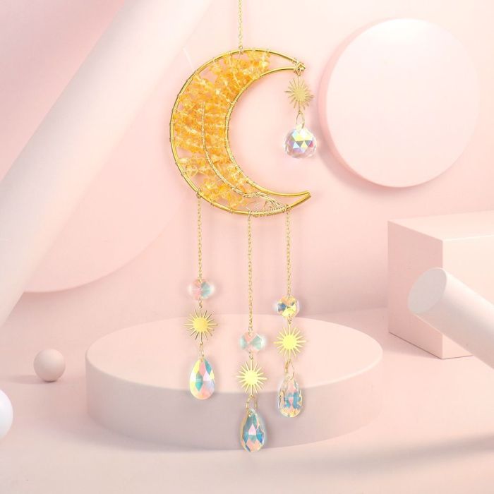 1PC hand-wound natural crystal gravel tree of Life Moon Sun catcher pendant wind chime decorative pendant