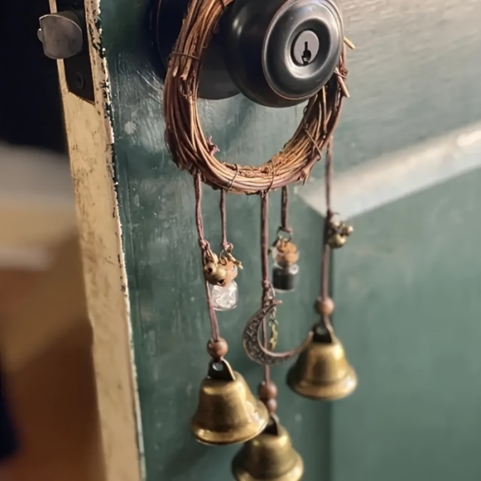 Rustic Witch Bells Door Hanger, 13.78-15.75 Inches Protective Handmade Wicker Wind Chimes, Iron And Crystal Home Blessing Decor, Farmhouse Style For Indoors & Entryway