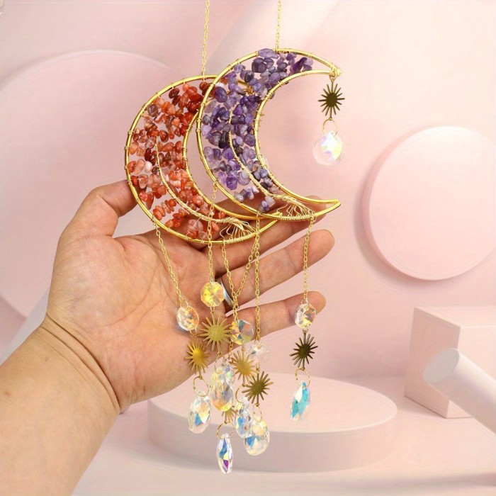 1PC hand-wound natural crystal gravel tree of Life Moon Sun catcher pendant wind chime decorative pendant