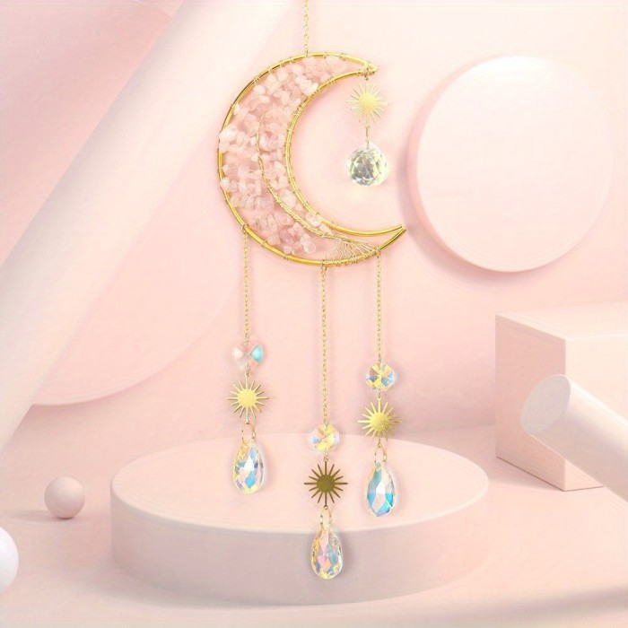 1PC hand-wound natural crystal gravel tree of Life Moon Sun catcher pendant wind chime decorative pendant