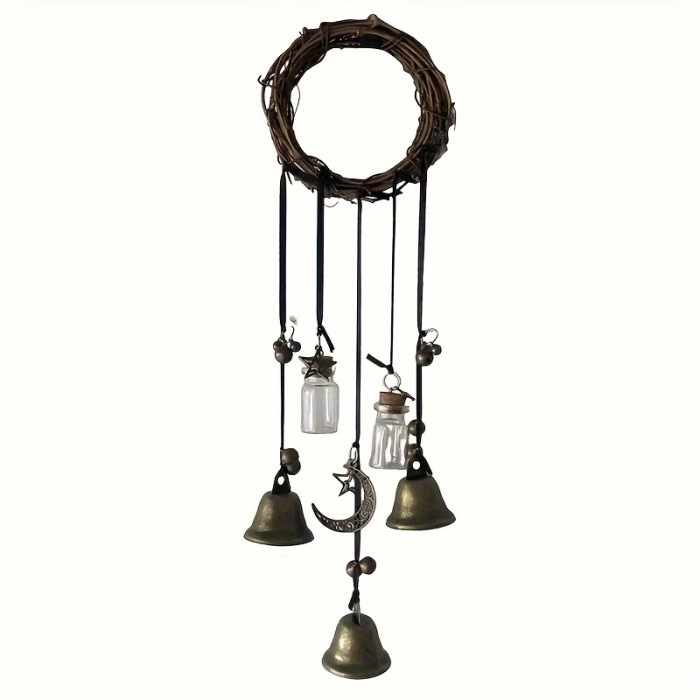 Rustic Witch Bells Door Hanger, 13.78-15.75 Inches Protective Handmade Wicker Wind Chimes, Iron And Crystal Home Blessing Decor, Farmhouse Style For Indoors & Entryway
