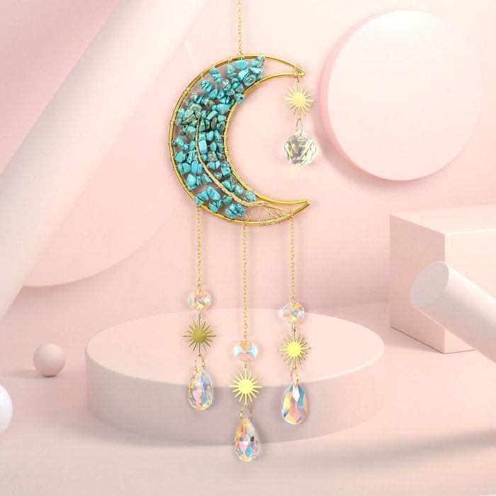 1PC hand-wound natural crystal gravel tree of Life Moon Sun catcher pendant wind chime decorative pendant
