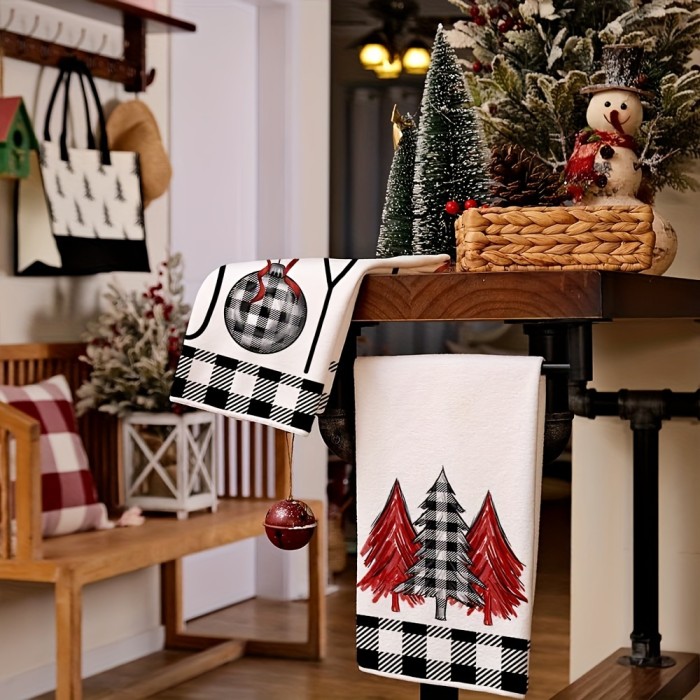 2pcs, Christmas Hand Towels, Black And White Plaid Christmas Tree Kitchen Towel Dish Towe, Christmas Kitchen Decoration, Super Absorbent Dry Cloth Towels, New Home Bathroom Housewarming Gifts