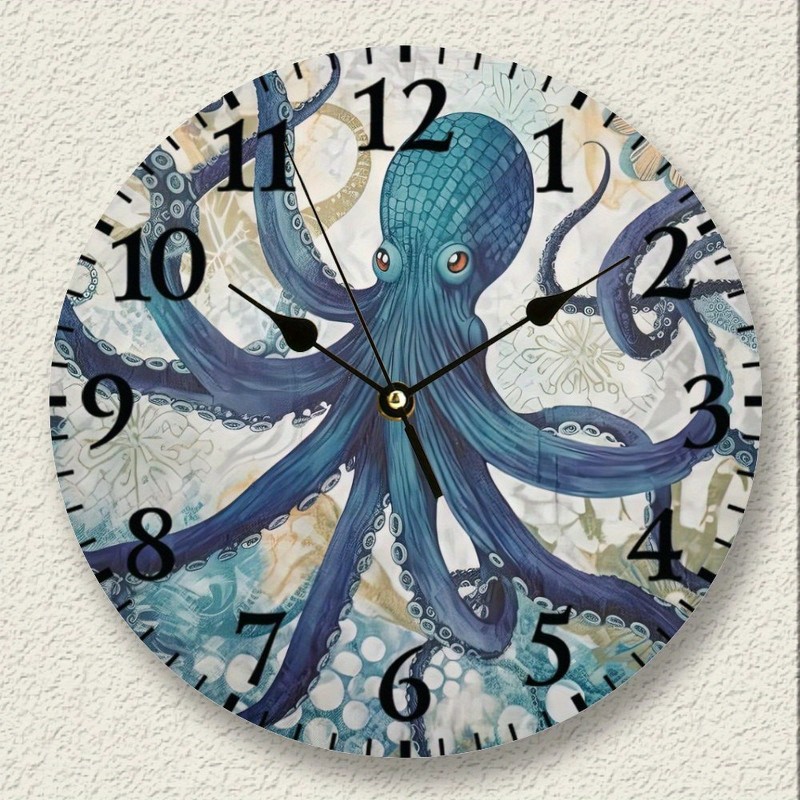Wall Clock Battery Operated Non Ticking Ocean Beach Nautical Theme Underwater Octopus Rustic Wall Clocks Blue Texture Seascape Coastal Wall Decor For Restaurant Kitchen Garden, Unique Gift For Men, Women, Friend, Boss, Teacher, Home Or Office