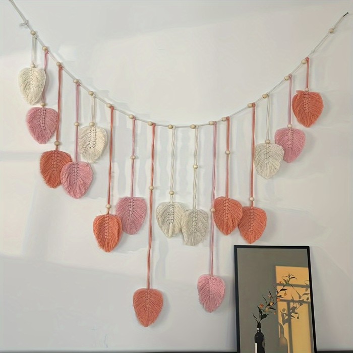 Nordic Jane's Bohemian Cotton Rope Handmade Weaving Wood Beads Leaves Photos Wall Hanging Decoration Tapestry Tassel Wall Hanging