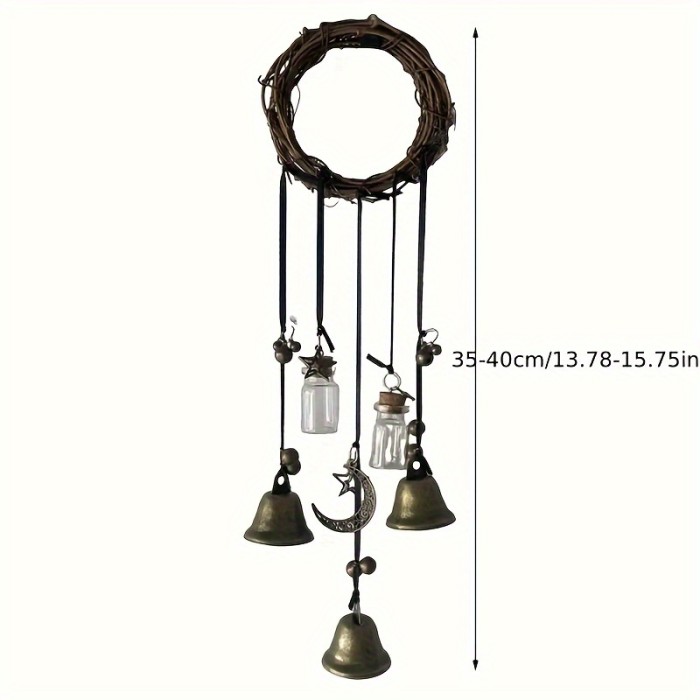 Rustic Witch Bells Door Hanger, 13.78-15.75 Inches Protective Handmade Wicker Wind Chimes, Iron And Crystal Home Blessing Decor, Farmhouse Style For Indoors & Entryway