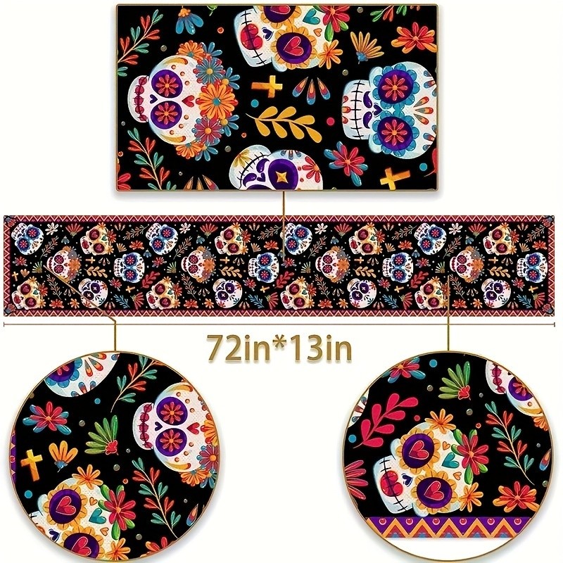 Day Of The Dead Table Runner Sugar Skull Dia De Los Muertos Mexican Festival Holiday Kitchen Dinning Room Home Decoration