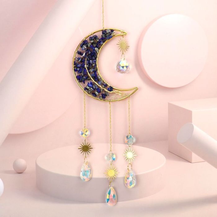 1PC hand-wound natural crystal gravel tree of Life Moon Sun catcher pendant wind chime decorative pendant