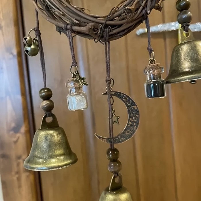 Rustic Witch Bells Door Hanger, 13.78-15.75 Inches Protective Handmade Wicker Wind Chimes, Iron And Crystal Home Blessing Decor, Farmhouse Style For Indoors & Entryway