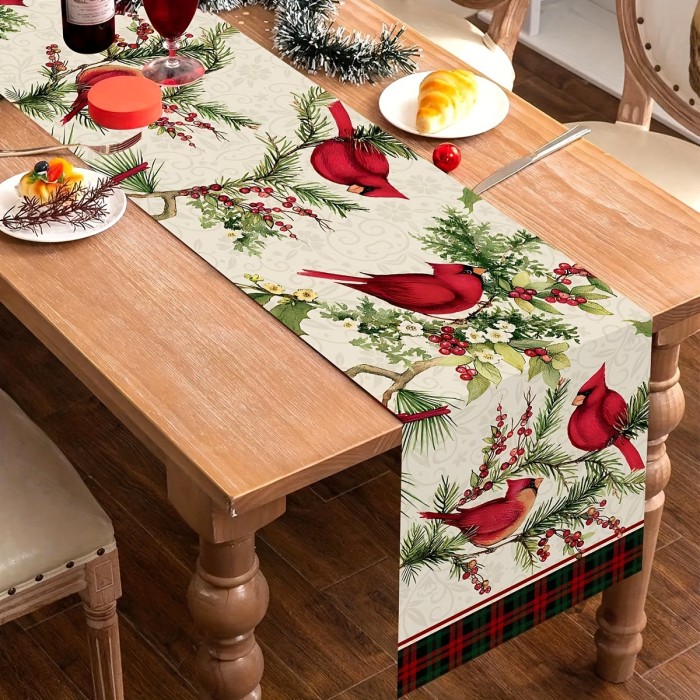 Christmas Cardinal & Tree Polyester Table Runner - Festive Holiday Dining Decor, 71.25 x 13.97 inches, Perfect for Winter Parties & Gatherings