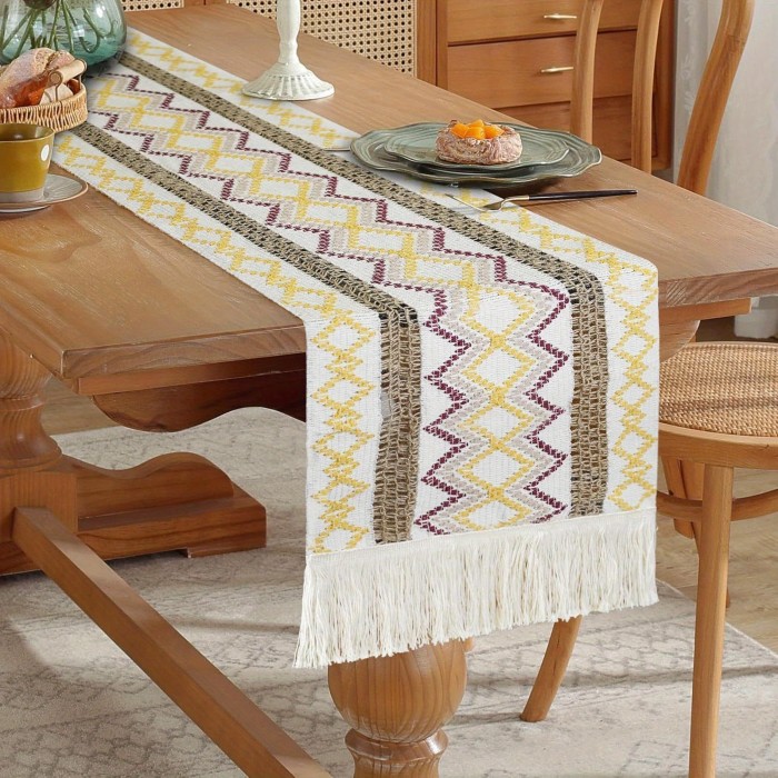3PCS 72 Inches Woven Table Runner Long Farmhouse Style Table Runner with Hand-Macrame, Cotton Linen Striped Stitching Rustic Table Runner for Party Wedding Dining