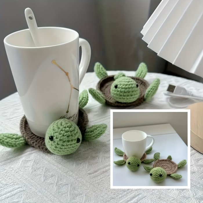 3 Pcs Crochet Tortoise Coasters For Drinks, Funny Handmade Woven Coaster Set, Cute Turtle Shaped Mug Cup Mat Table Desk Decoration Housewarming Gift