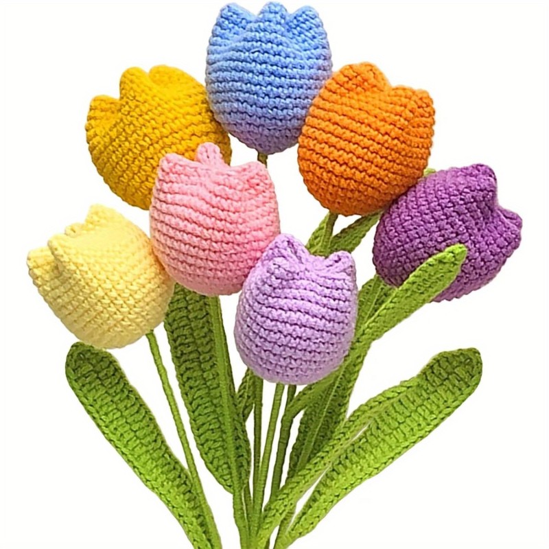 Crochet Flowers 7PCS Fake Tulips Artificial Flowers Handmade Knitted Tulip Croquet Flower Bouchet Table Centerpieces Gift for Women