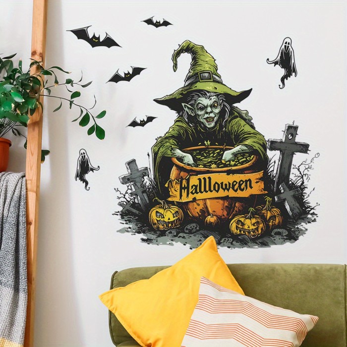 2 pcs\u002Fset Halloween Witch Bat Ghost Bedroom Living Room Home Background Layout Wall Sticker